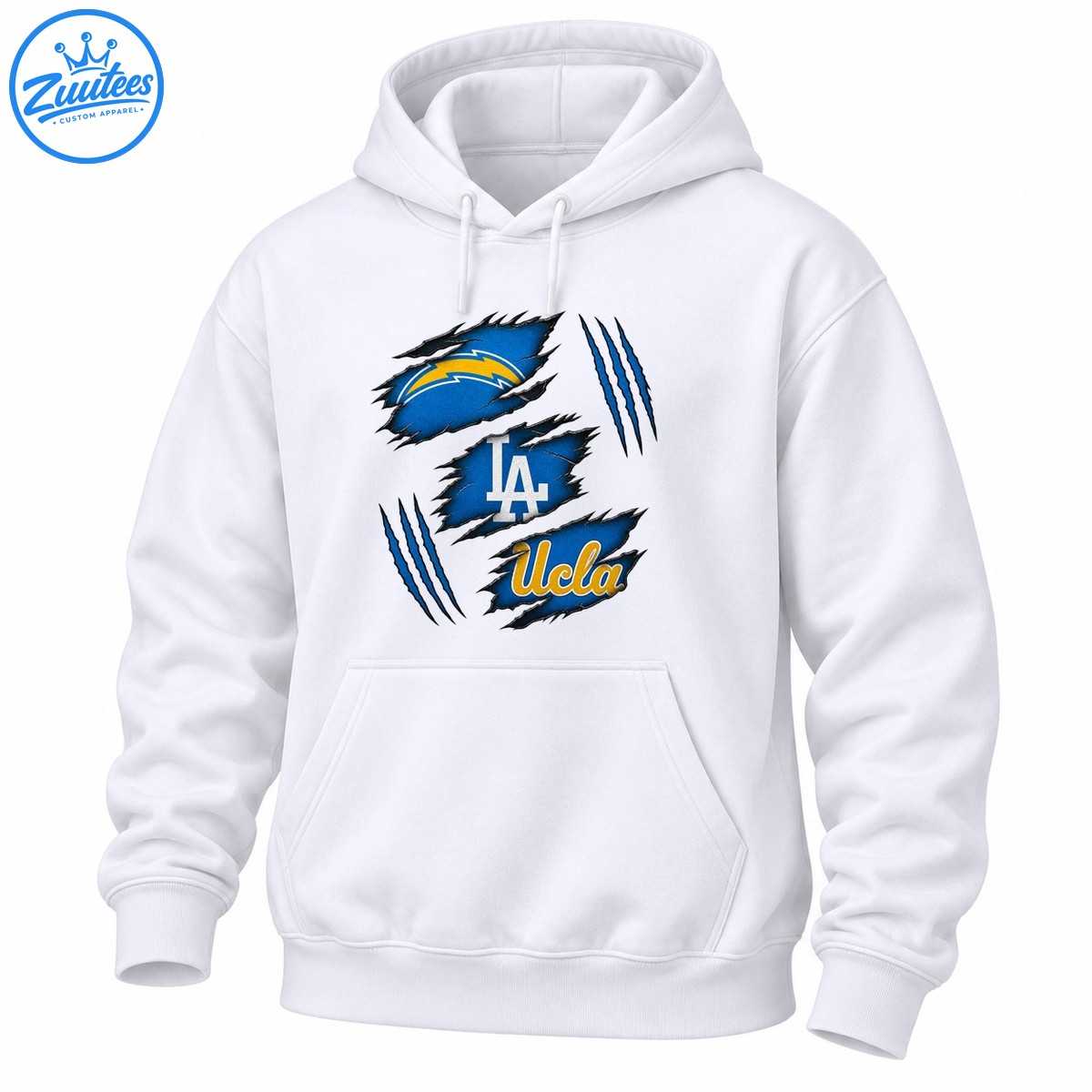 Blue torn fabric panels with gold lightning bolt, white LA monogram, gold UCLA script, and blue claw marks Blue torn-fabric panels with gold lightning bolt, white LA monogram, gold UCLA script, and blue claw marks