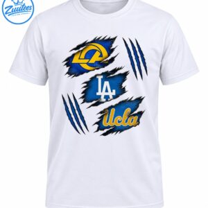 Three blue torn-fabric patches with gold ram emblem, white LA lettering, gold Ucla script, and blue claw marks