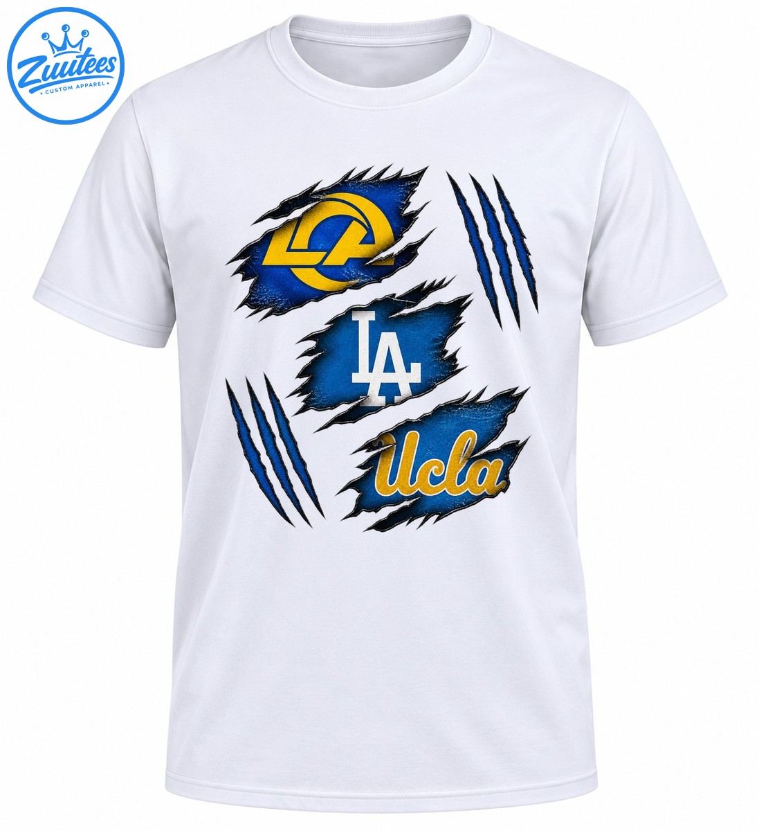 Three blue torn fabric patches with gold ram emblem, white LA lettering, gold Ucla script, and blue claw marks Three blue torn-fabric patches with gold ram emblem, white LA lettering, gold Ucla script, and blue claw marks