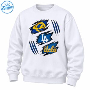 Three blue torn-fabric patches with gold ram emblem, white LA lettering, gold Ucla script, and blue claw marks