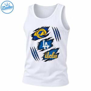 Three blue torn-fabric patches with gold ram emblem, white LA lettering, gold Ucla script, and blue claw marks