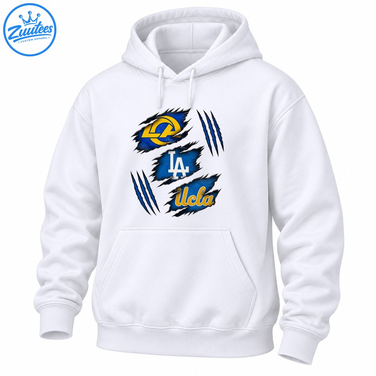 Three blue torn fabric patches with gold ram emblem, white LA lettering, gold Ucla script, and blue claw marks Three blue torn-fabric patches with gold ram emblem, white LA lettering, gold Ucla script, and blue claw marks