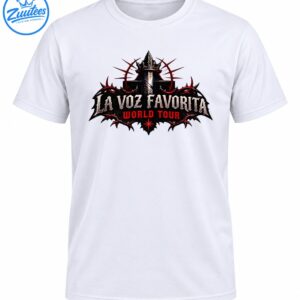 La Voz Favorita World Tour graphic with distressed silver lettering, red text, a black gothic crest, spikes, and a crown