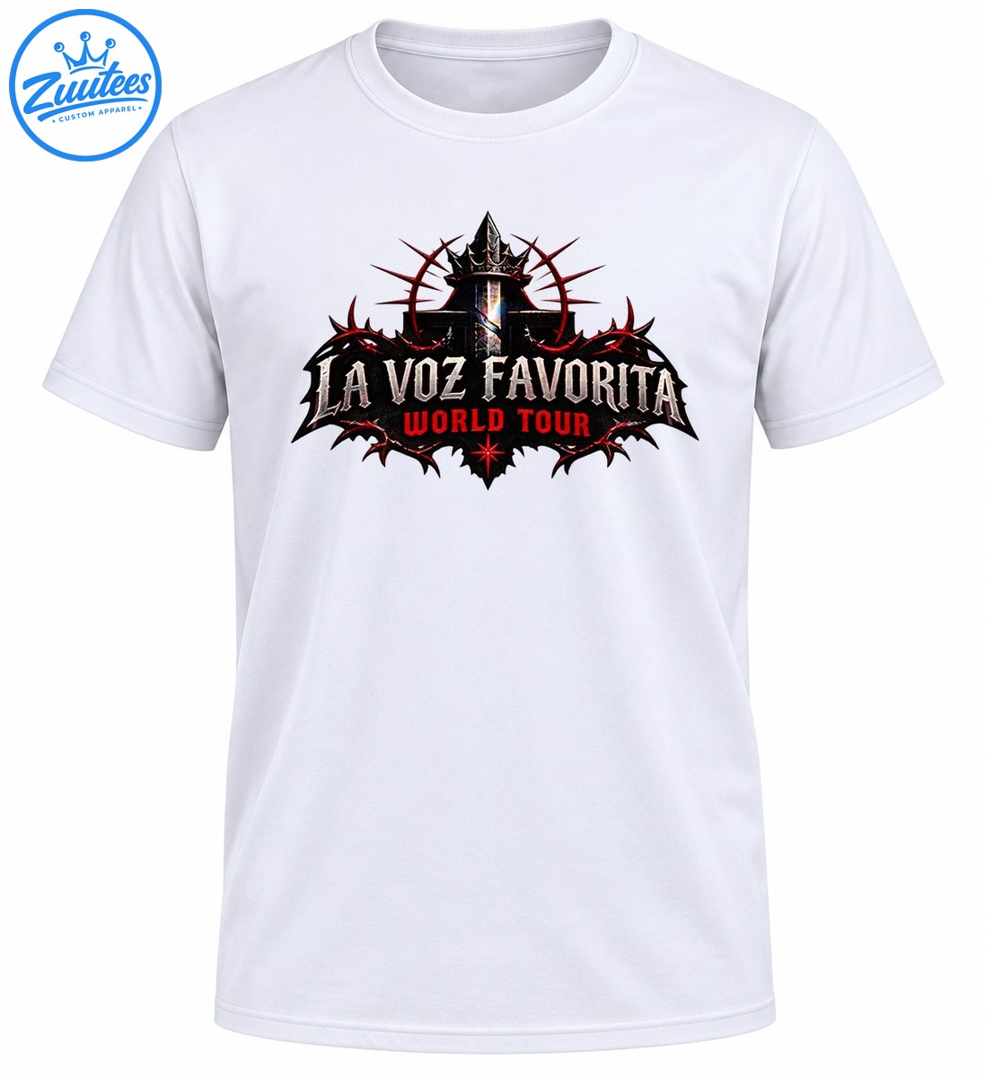La Voz Favorita World Tour graphic with distressed silver lettering, red text, a black gothic crest, spikes, and a crown La Voz Favorita World Tour graphic with distressed silver lettering, red text, a black gothic crest, spikes, and a crown