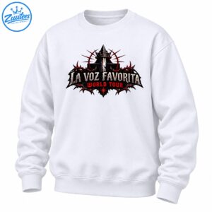 La Voz Favorita World Tour graphic with distressed silver lettering, red text, a black gothic crest, spikes, and a crown