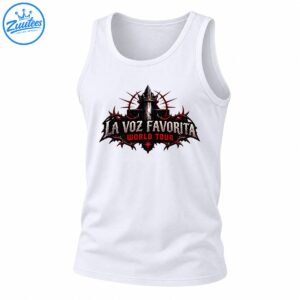 La Voz Favorita World Tour graphic with distressed silver lettering, red text, a black gothic crest, spikes, and a crown