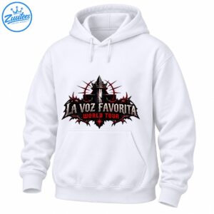 La Voz Favorita World Tour graphic with distressed silver lettering, red text, a black gothic crest, spikes, and a crown
