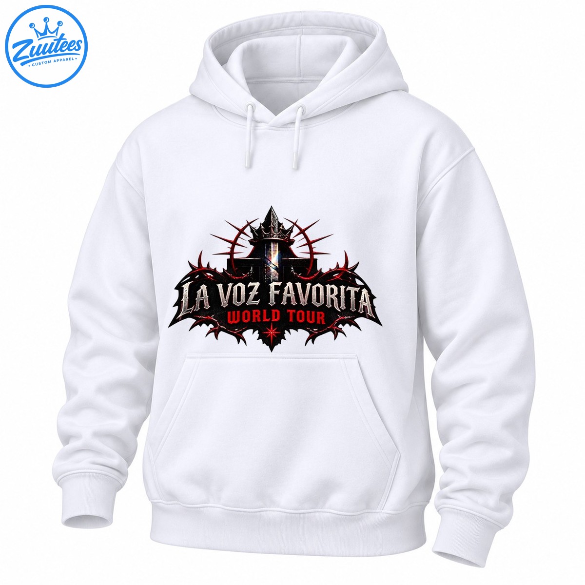 La Voz Favorita World Tour graphic with distressed silver lettering, red text, a black gothic crest, spikes, and a crown La Voz Favorita World Tour graphic with distressed silver lettering, red text, a black gothic crest, spikes, and a crown