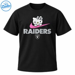 Silver and white cartoon cat with a bow above a pink glittery swoosh, silver RAIDERS lettering, and a shield emblem.