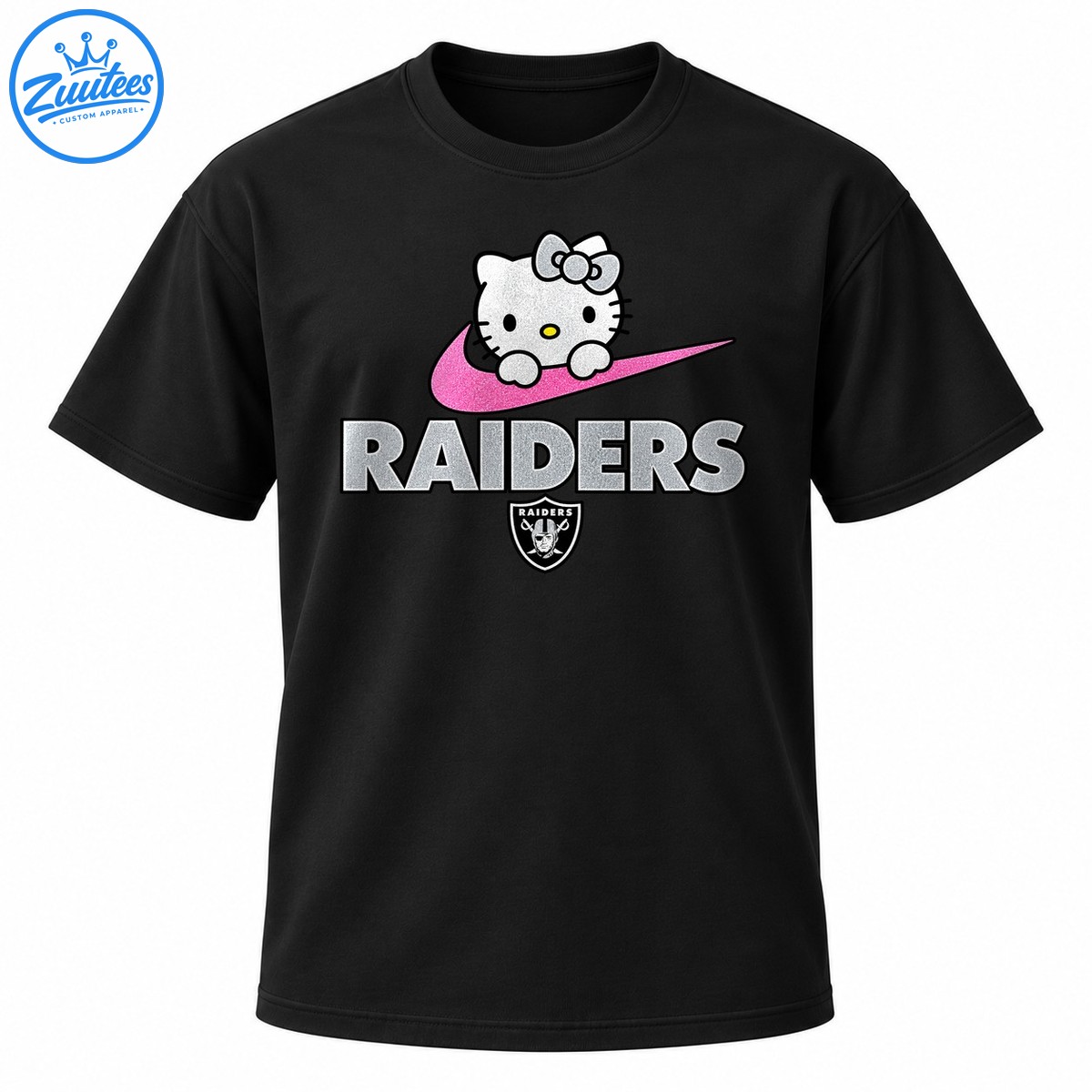 Silver and white cartoon cat with a bow above a pink glittery swoosh, silver RAIDERS lettering, and a shield emblem. Silver and white cartoon cat with a bow above a pink glittery swoosh, silver RAIDERS lettering, and a shield emblem.