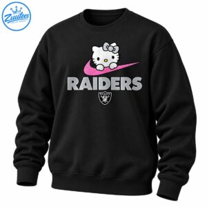 Silver and white cartoon cat with a bow above a pink glittery swoosh, silver RAIDERS lettering, and a shield emblem.