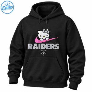 Silver and white cartoon cat with a bow above a pink glittery swoosh, silver RAIDERS lettering, and a shield emblem.