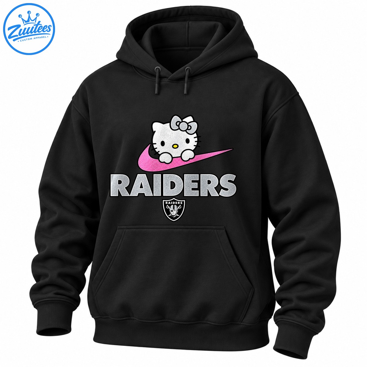 Silver and white cartoon cat with a bow above a pink glittery swoosh, silver RAIDERS lettering, and a shield emblem. Silver and white cartoon cat with a bow above a pink glittery swoosh, silver RAIDERS lettering, and a shield emblem.