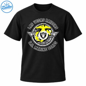Las Vegas Raiders and U.S. Marine Corps distressed emblem with a yellow eagle, central shield, globe, anchor, and white lettering