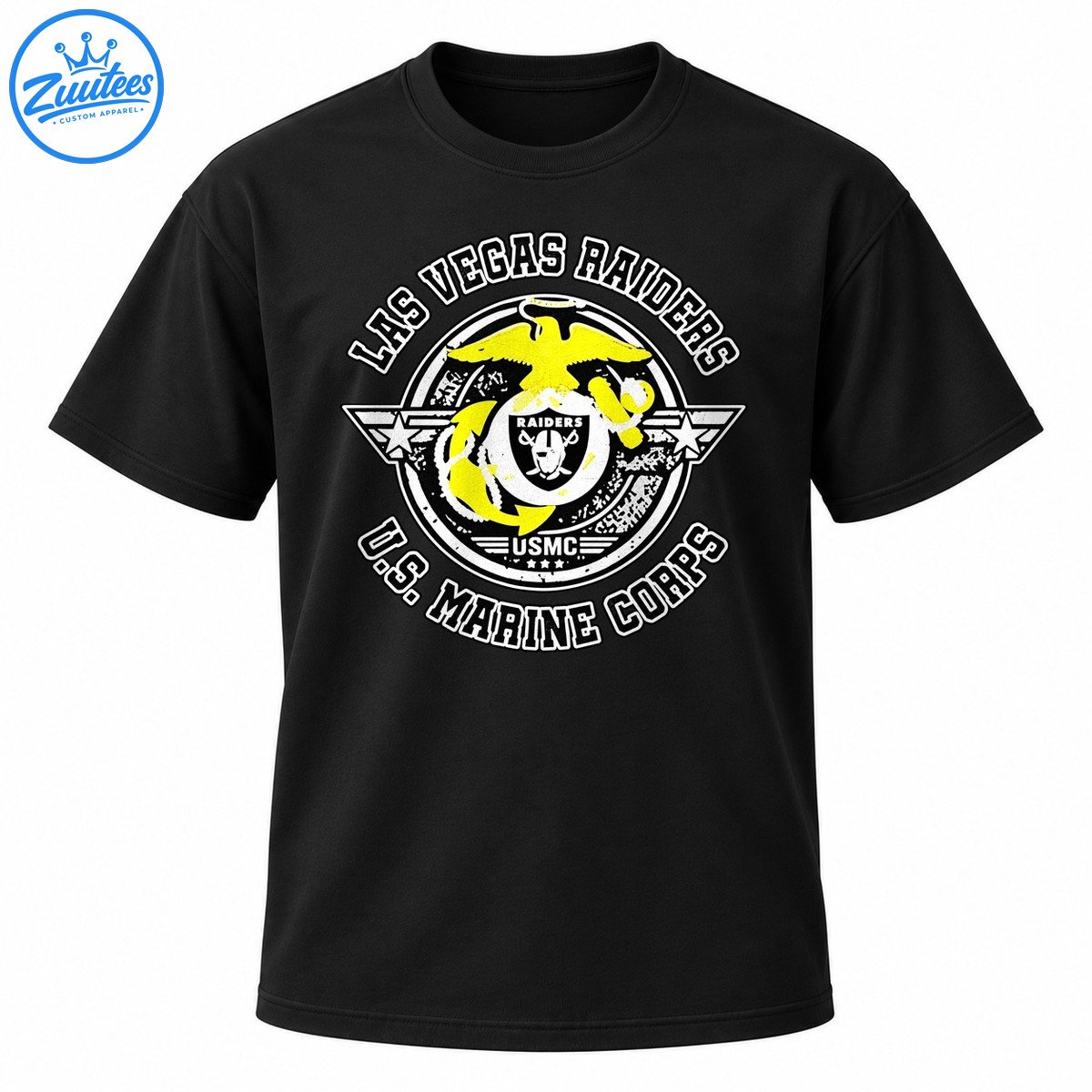 Las Vegas Raiders and U.S. Marine Corps distressed emblem with a yellow eagle, central shield, globe, anchor, and white lettering Las Vegas Raiders and U.S. Marine Corps distressed emblem with a yellow eagle, central shield, globe, anchor, and white lettering