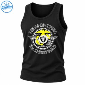 Las Vegas Raiders and U.S. Marine Corps distressed emblem with a yellow eagle, central shield, globe, anchor, and white lettering