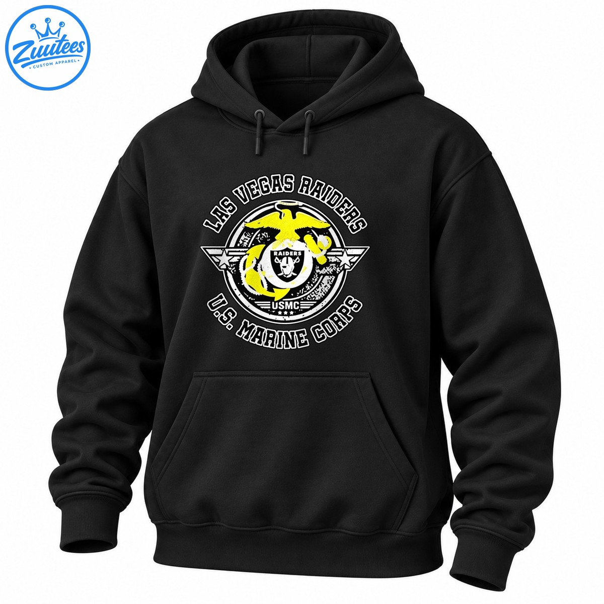 Las Vegas Raiders and U.S. Marine Corps distressed emblem with a yellow eagle, central shield, globe, anchor, and white lettering Las Vegas Raiders and U.S. Marine Corps distressed emblem with a yellow eagle, central shield, globe, anchor, and white lettering