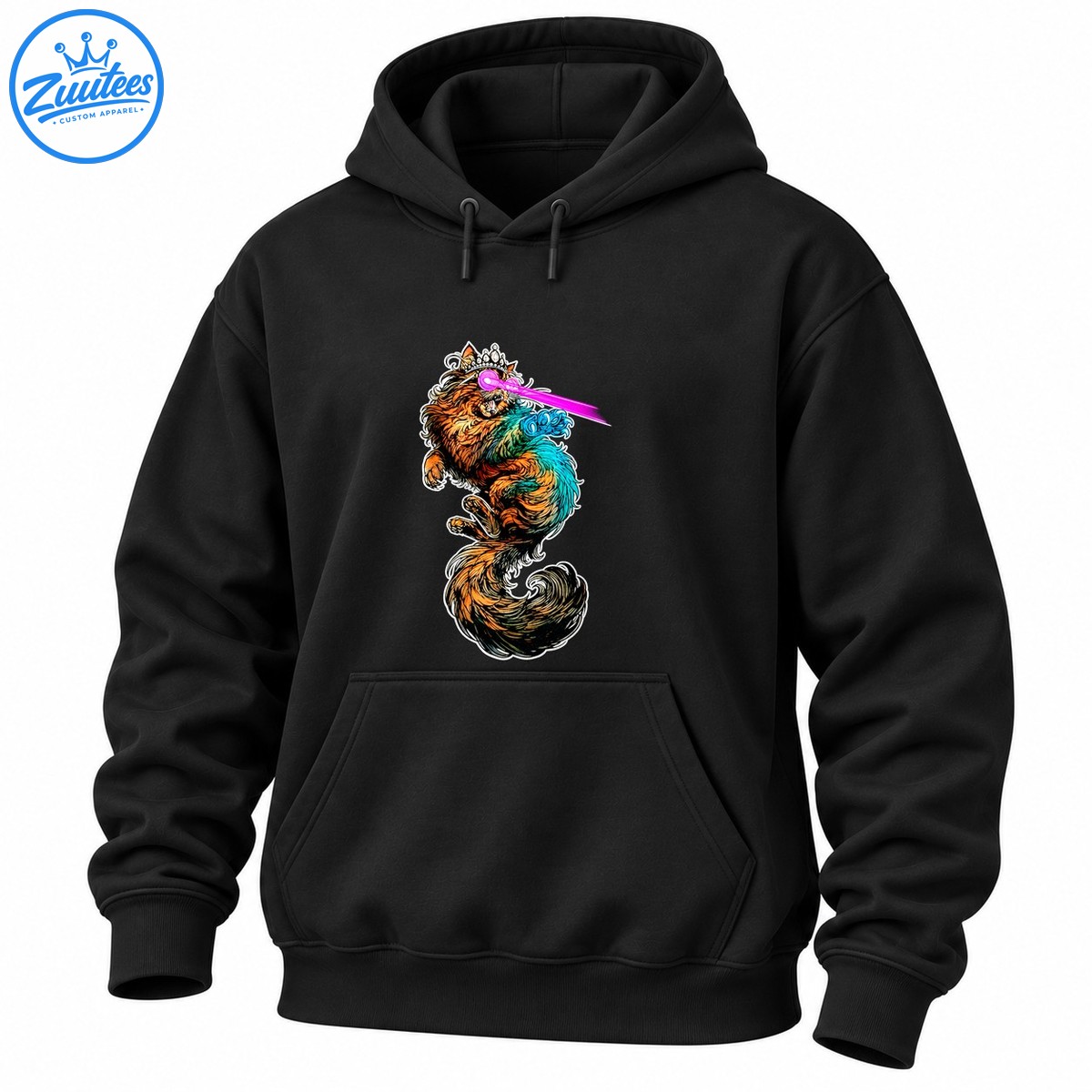 Crowned fluffy fantasy cat with orange and turquoise fur, glowing magenta laser eyes, and a sweeping tail Crowned fluffy fantasy cat with orange and turquoise fur, glowing magenta laser eyes, and a sweeping tail