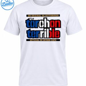 Le Torchon Terrible graphic with bold blue, white, and red lettering, gold text, and black banners