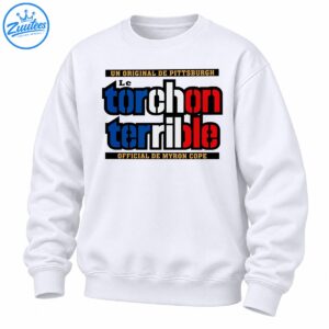 Le Torchon Terrible graphic with bold blue, white, and red lettering, gold text, and black banners