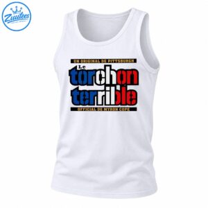 Le Torchon Terrible graphic with bold blue, white, and red lettering, gold text, and black banners