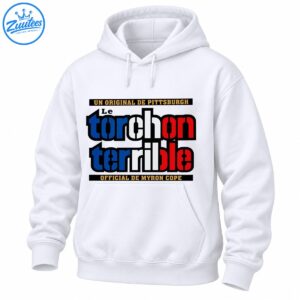 Le Torchon Terrible graphic with bold blue, white, and red lettering, gold text, and black banners
