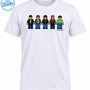 Five colorful yellow-faced minifigure-style characters in suits, jackets, and a green shirt standing in a row