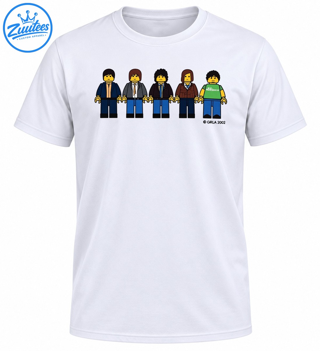 Five colorful yellow faced minifigure style characters in suits, jackets, and a green shirt standing in a row Five colorful yellow-faced minifigure-style characters in suits, jackets, and a green shirt standing in a row