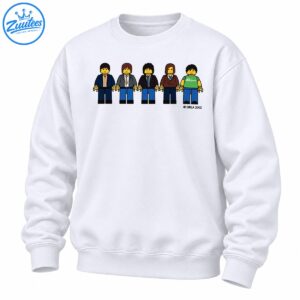 Five colorful yellow-faced minifigure-style characters in suits, jackets, and a green shirt standing in a row