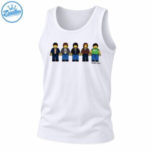 Five colorful yellow-faced minifigure-style characters in suits, jackets, and a green shirt standing in a row