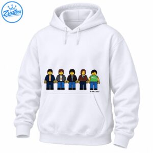 Five colorful yellow-faced minifigure-style characters in suits, jackets, and a green shirt standing in a row