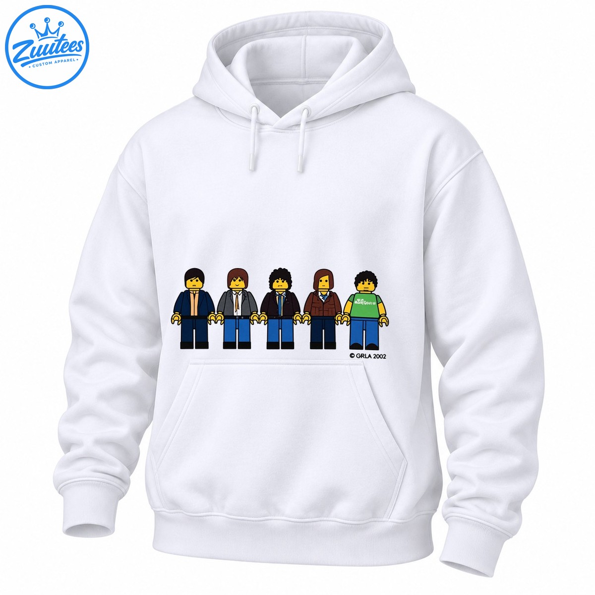 Five colorful yellow faced minifigure style characters in suits, jackets, and a green shirt standing in a row Five colorful yellow-faced minifigure-style characters in suits, jackets, and a green shirt standing in a row