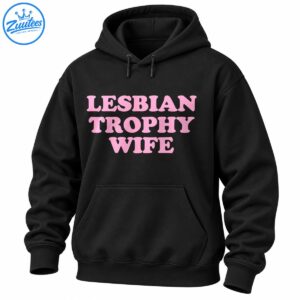 Lesbian Trophy Wife shirt design with bold pink uppercase retro lettering stacked in three lines.