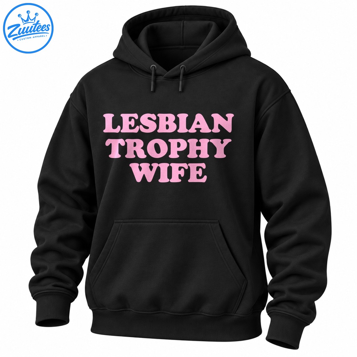 Lesbian Trophy Wife shirt design with bold pink uppercase retro lettering stacked in three lines. Lesbian Trophy Wife shirt design with bold pink uppercase retro lettering stacked in three lines.
