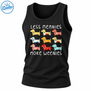 Less Meanies More Weenies shirt design with white lettering and nine colorful patchwork dachshund dogs.