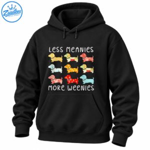Less Meanies More Weenies shirt design with white lettering and nine colorful patchwork dachshund dogs.