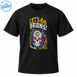 Let's Go Bruins Providence sugar skull hockey design with pink roses, gold gothic lettering, a hockey skate, puck, and stick