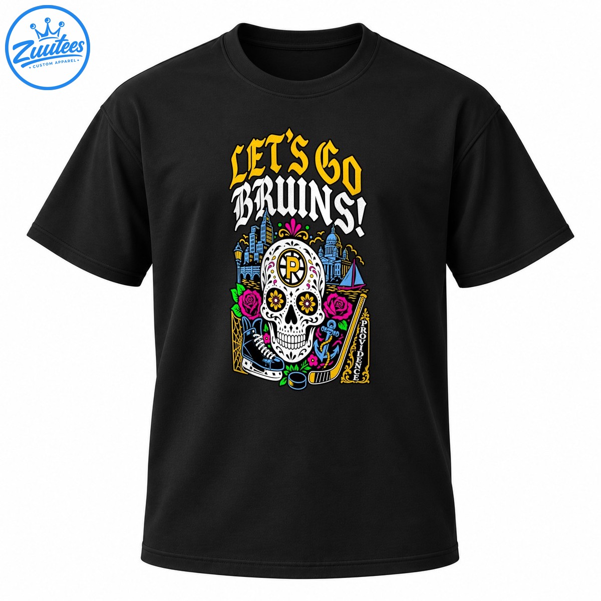 Let's Go Bruins Providence sugar skull hockey design with pink roses, gold gothic lettering, a hockey skate, puck, and stick Let's Go Bruins Providence sugar skull hockey design with pink roses, gold gothic lettering, a hockey skate, puck, and stick