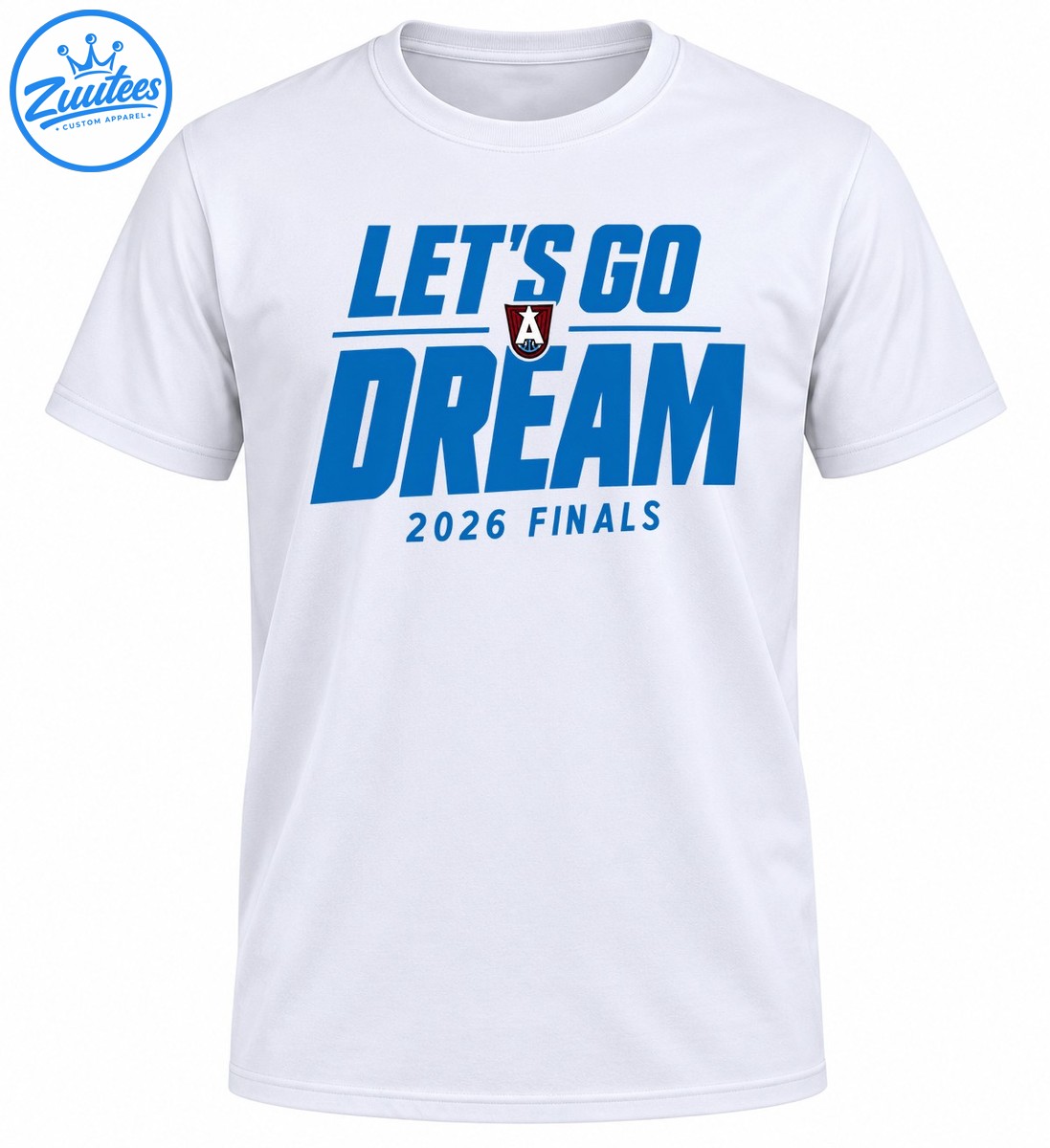 Dream 2026 Finals basketball shirt design with bold blue lettering and a red shield emblem Dream 2026 Finals basketball shirt design with bold blue lettering and a red shield emblem