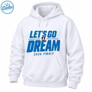 Dream 2026 Finals basketball shirt design with bold blue lettering and a red shield emblem