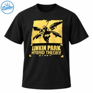 Linkin Park Hybrid Theory 20th anniversary design with distressed gold lettering and black illustrated artwork