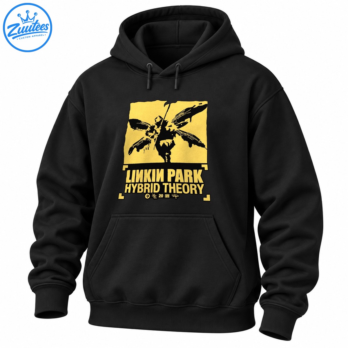 Linkin Park Hybrid Theory 20th anniversary design with distressed gold lettering and black illustrated artwork Linkin Park Hybrid Theory 20th anniversary design with distressed gold lettering and black illustrated artwork
