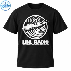 LINL Radio shirt graphic with white broadcast rings, antenna, island silhouette, stylized waves, alien icon, and tagline