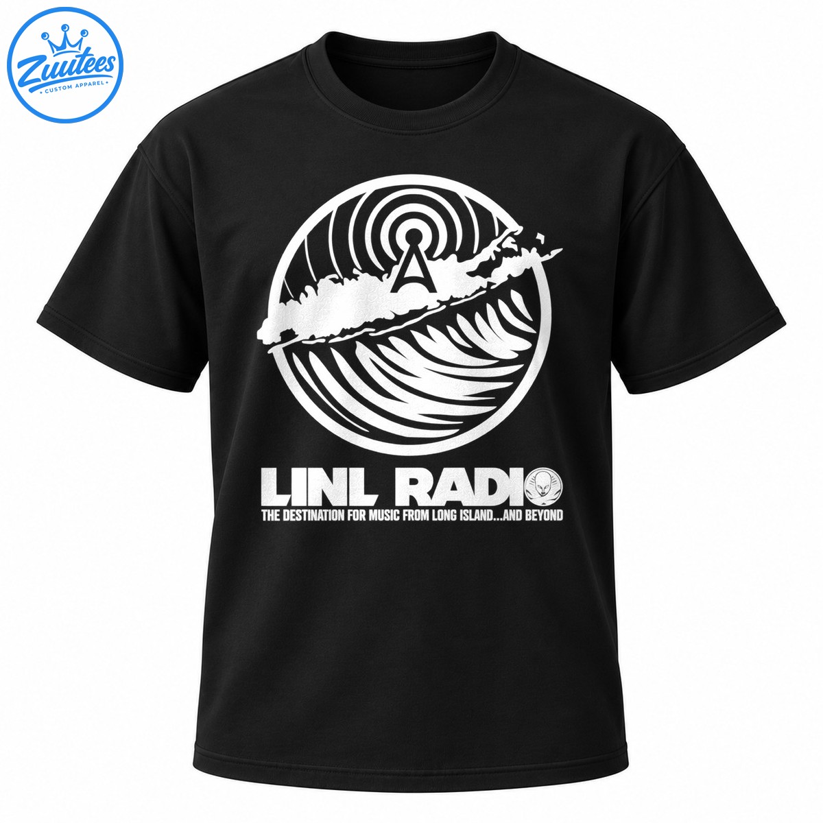LINL Radio shirt graphic with white broadcast rings, antenna, island silhouette, stylized waves, alien icon, and tagline LINL Radio shirt graphic with white broadcast rings, antenna, island silhouette, stylized waves, alien icon, and tagline