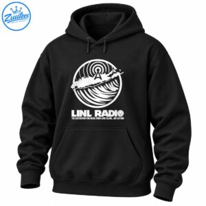 LINL Radio shirt graphic with white broadcast rings, antenna, island silhouette, stylized waves, alien icon, and tagline