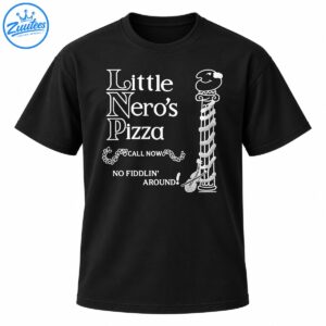 Little Nero's Pizza vintage white graphic with decorative lettering, pizza mascot and No Fiddlin' Around slogan