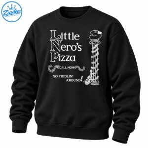 Little Nero's Pizza vintage white graphic with decorative lettering, pizza mascot and No Fiddlin' Around slogan