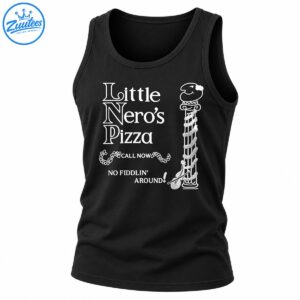 Little Nero's Pizza vintage white graphic with decorative lettering, pizza mascot and No Fiddlin' Around slogan