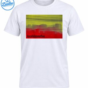 Retro Nashville-inspired cityscape with red and yellow-green tones, utility lines, and localsixonefive lettering