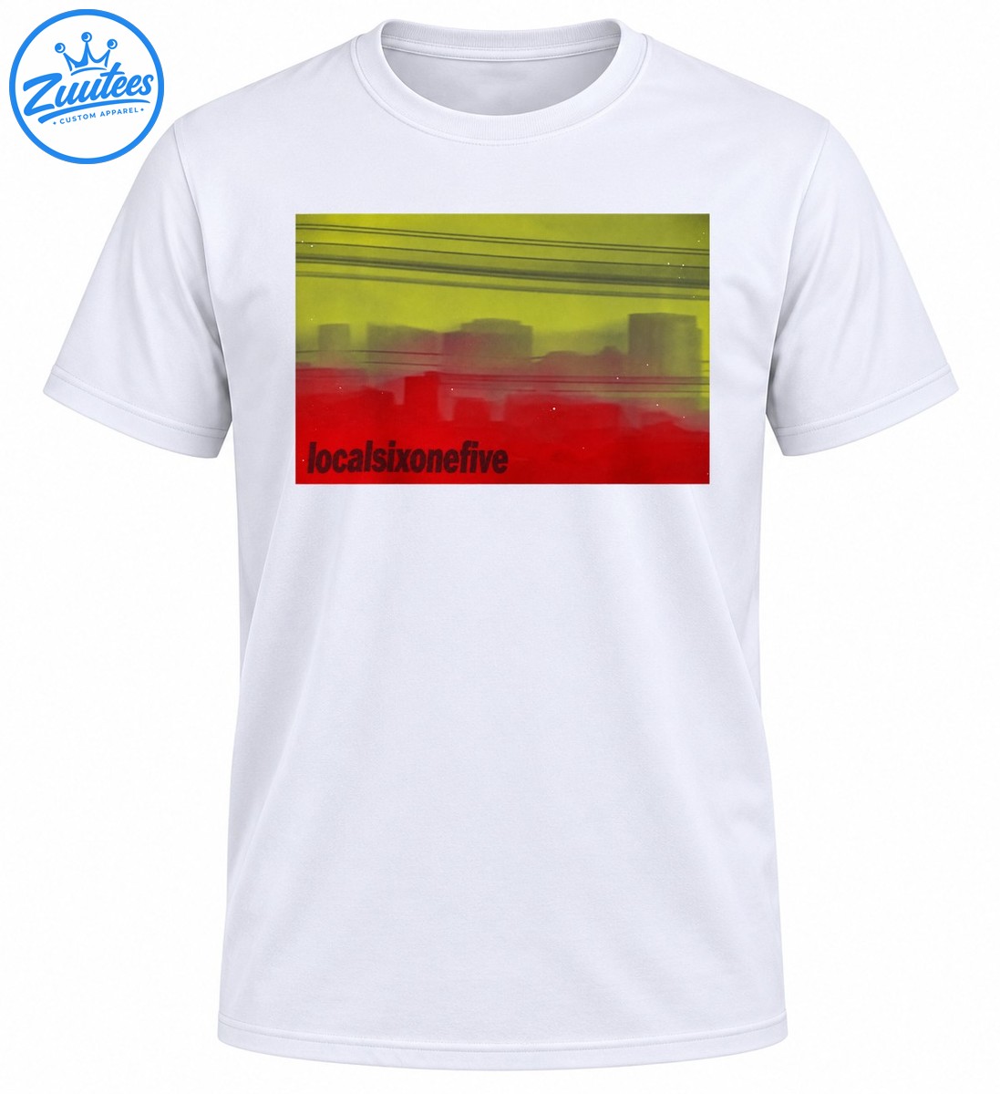 Retro Nashville inspired cityscape with red and yellow green tones, utility lines, and localsixonefive lettering Retro Nashville-inspired cityscape with red and yellow-green tones, utility lines, and localsixonefive lettering